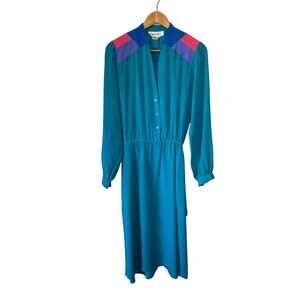 VTG 80s Argenti 100% Pure Silk Colorblock Dress Power Shoulders Turquoise Sz 10